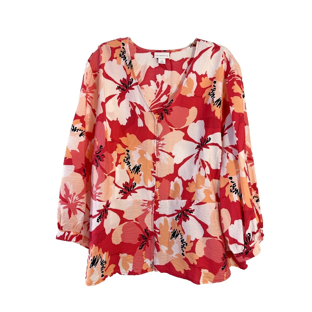 Liz Claiborne Womans Floral Hawaiian Top Size‎ 2X Vacation Resort Long Sleeve